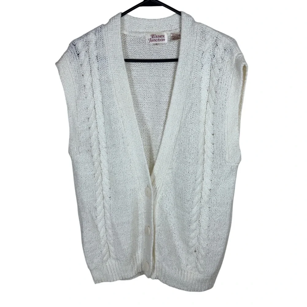 Essex Junction Vintage Cream Cable Knit Button Front V-Neck Sweater Vest Large